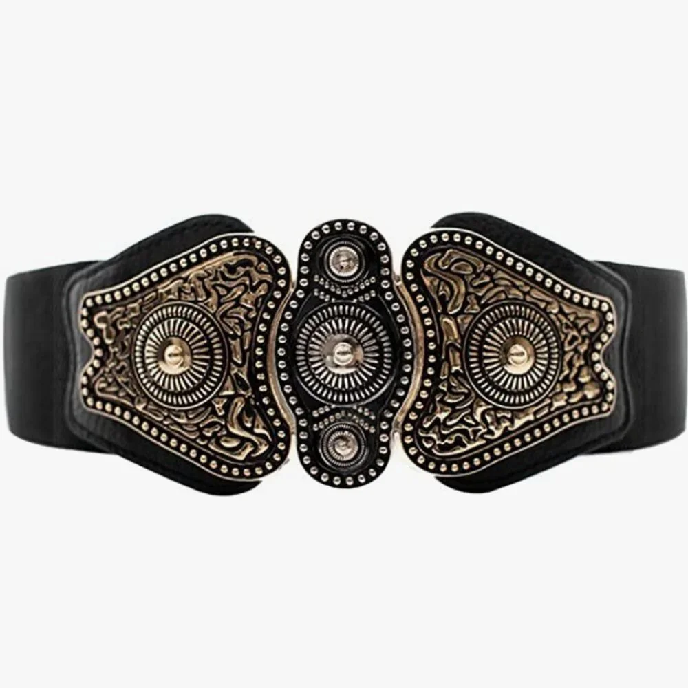 Retro Black & Bronze Chunky‎ Metal Buckle Wide Waistbelt Stretchy Cincher Belt